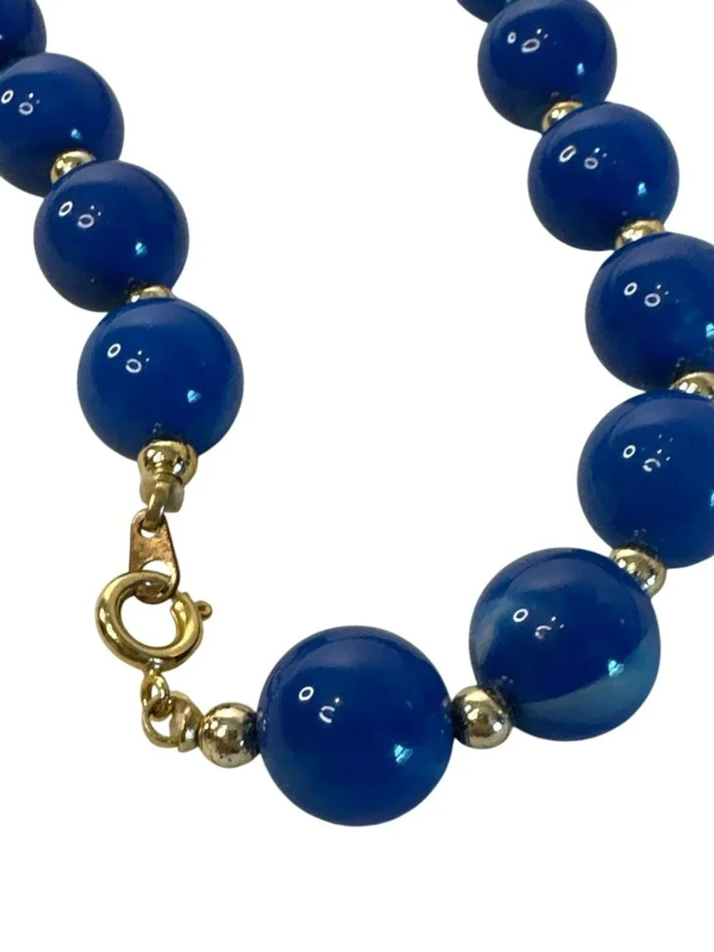 VTG Blue Beaded Necklace Gold-Tone Spacers Clasp 18